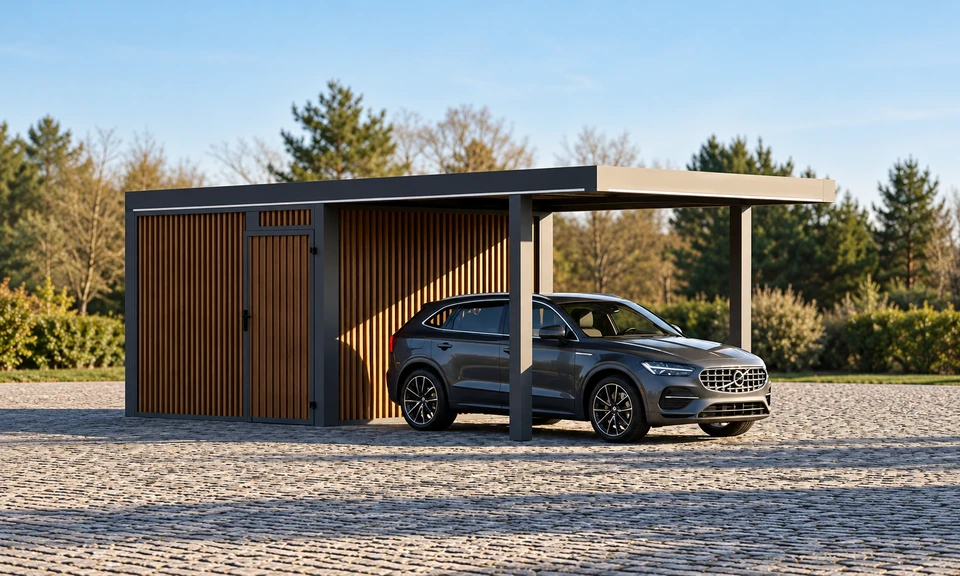 Carport z samochodem i boczną zabudową z pionowych paneli