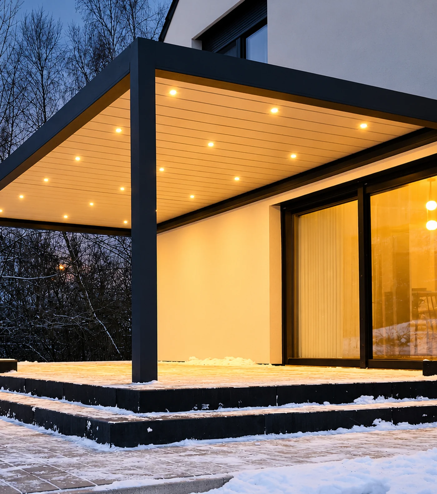 Pergola z punktowym oświetleniem LED w dachu o zmierzchu