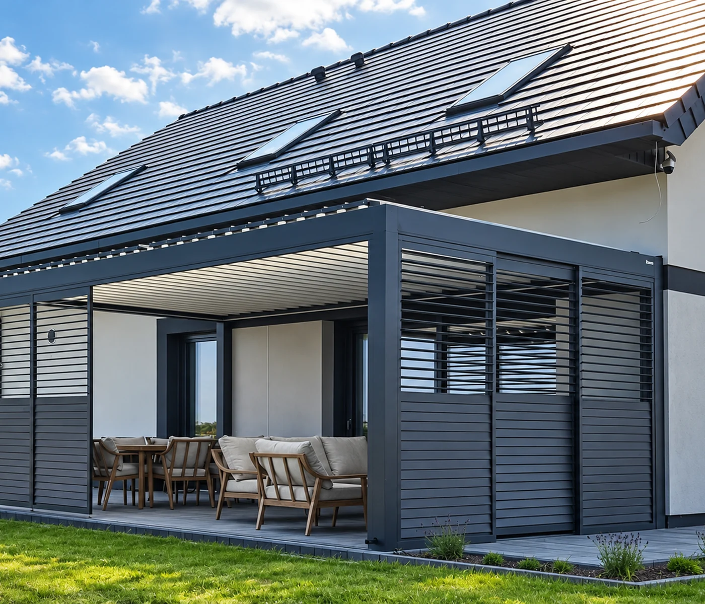 Pergola z boczną osłoną z poziomych lameli aluminiowych