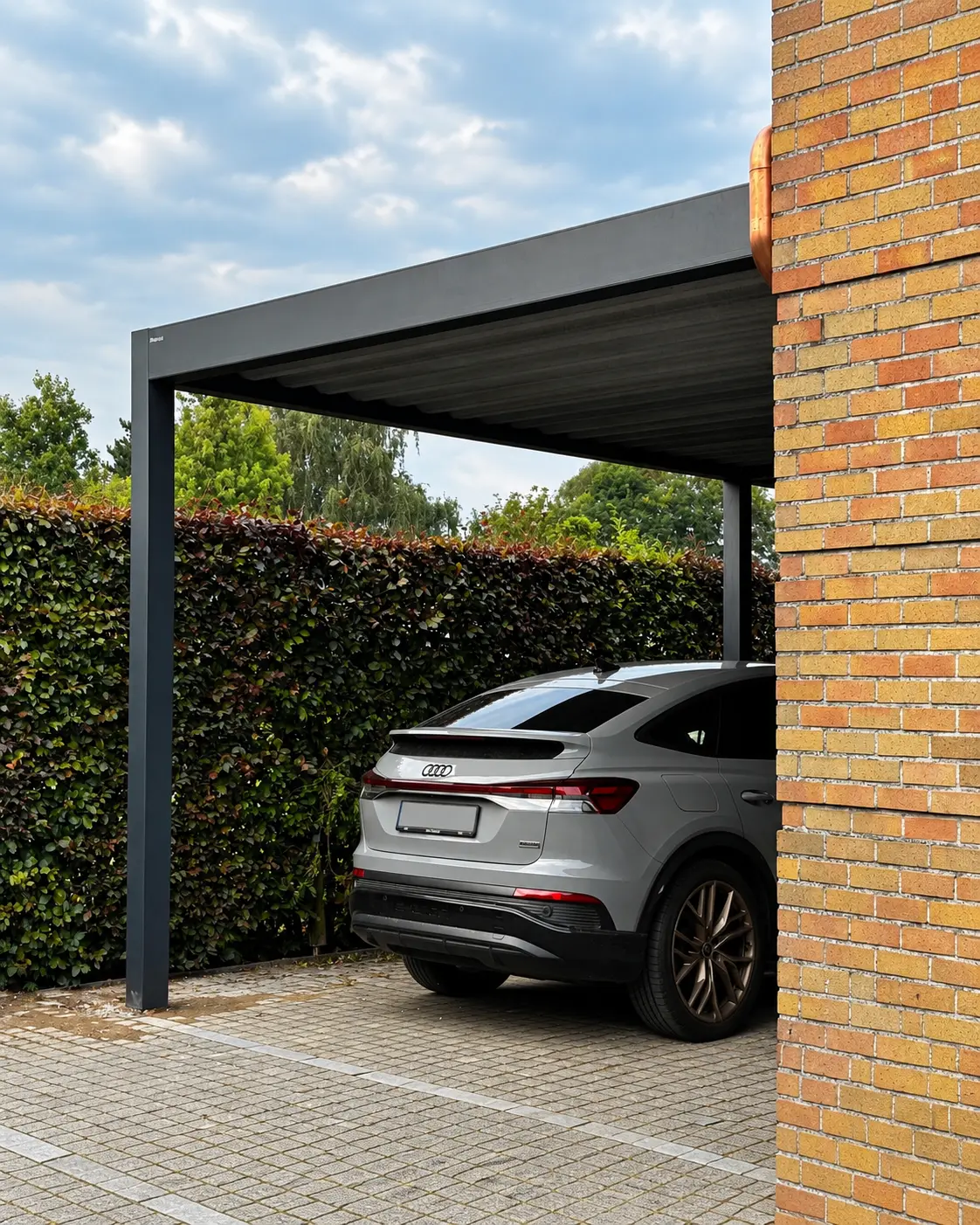Carport przy ceglanej elewacji domu z zaparkowanym samochodem