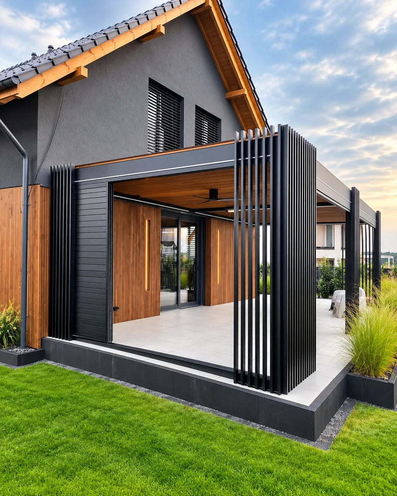 Pergola z pionowymi lamelami przy elewacji domu