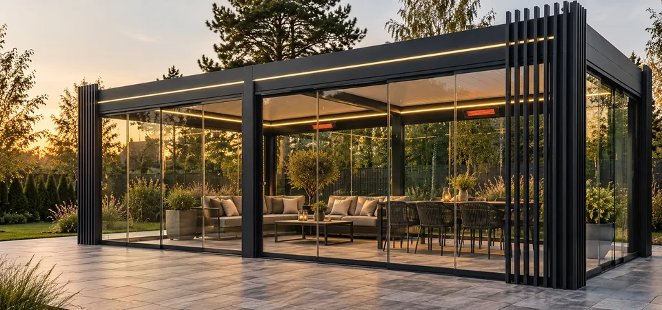 Pergola z przeszklonymi ścianami, oświetleniem LED i promiennikami ciepła